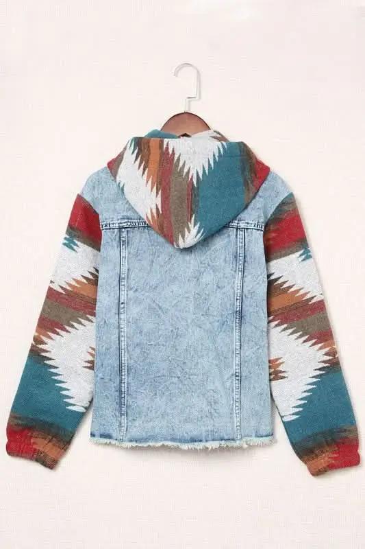 Geometric Print Frayed Hem Denim Jacket - Love Salve
